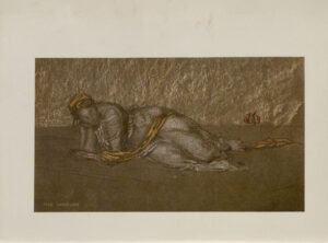 The coloured image is in landscape orientation on the page. A woman is lying on the floor facing forwards. The floor is brown and the wall behind her is a textured mix of brown and gold. She is propped on her right side with her right arm bent to hold her head up and knees slightly tucked behind her.. The woman is wearing a gold head scarf and filmy white clothing. A long golden scarf wraps around her left arm and extends across her body; it is draped around her waist, behind her bent knees, and trails around her feet. Behind the woman, at right, a red circular figure is painted onto the wall. On the bottom left side, “THE VENTURE” is inscribed in small, golden, capital letters.