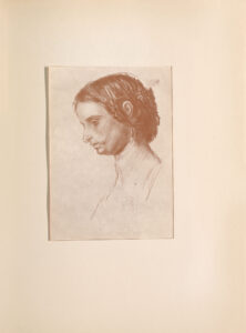 The sepia toned image is in portrait orientation and is centered on the page. The portrait sketch depicts the side left profile of the head of a young woman. The woman has small facial features, and her eyes are looking down towards the bottom left of the page. The woman’s hair is braided in small sections and tied in a bun at the base of her neck. Her left ear protrudes through her hair. She is wearing dangling oval shaped earrings.