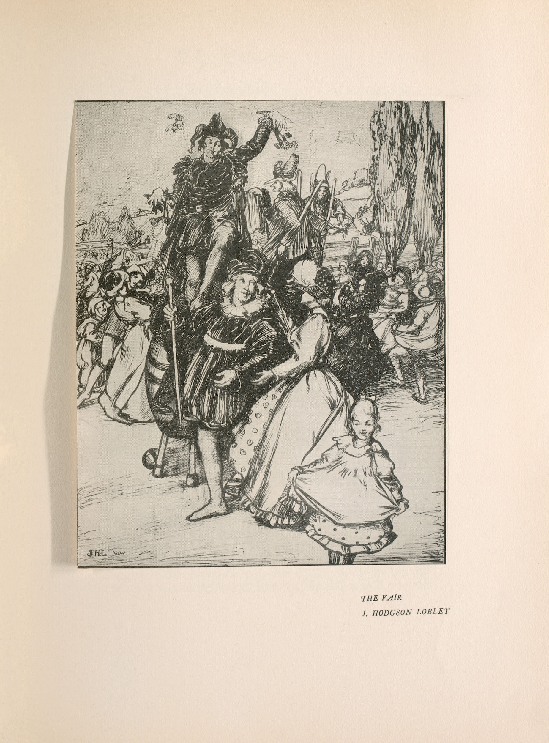 The black-and-white image is in portrait orientation and is tipped in on the center of the page. The image depicts an outdoor scene in which a crowd of people is moving in procession from right to left. In the extreme foreground, near the bottom right corner, a young girl with her hair tied back in a bow walks forward, holding out the bottom of her apron in curtsy position. Immediately behind her are a man and woman, who turn to each other to converse. The man is dressed in a Renaissance-style doublet and leggings, wears a turban or rounded crown made of fabric, and carries a baton or pace. The woman to his right wears a long, light-coloured dress covered by a heart-stamped apron and a feathered turban or hat; she is also carrying a baton or pace stick. Behind this couple, a jester brandishing loops of bells in each hand is elevated on a barrel. Behind the jester, there are two men on stilts wearing tall, rounded hats; behind them is a large crowd of people, dancing. There are tall trees in the right background and a hilled landscape in the far distance behind the crowd. There are two birds in the sky to the left of the jester. There is a small inscription “JHL 1904” on the bottom left corner of the image.