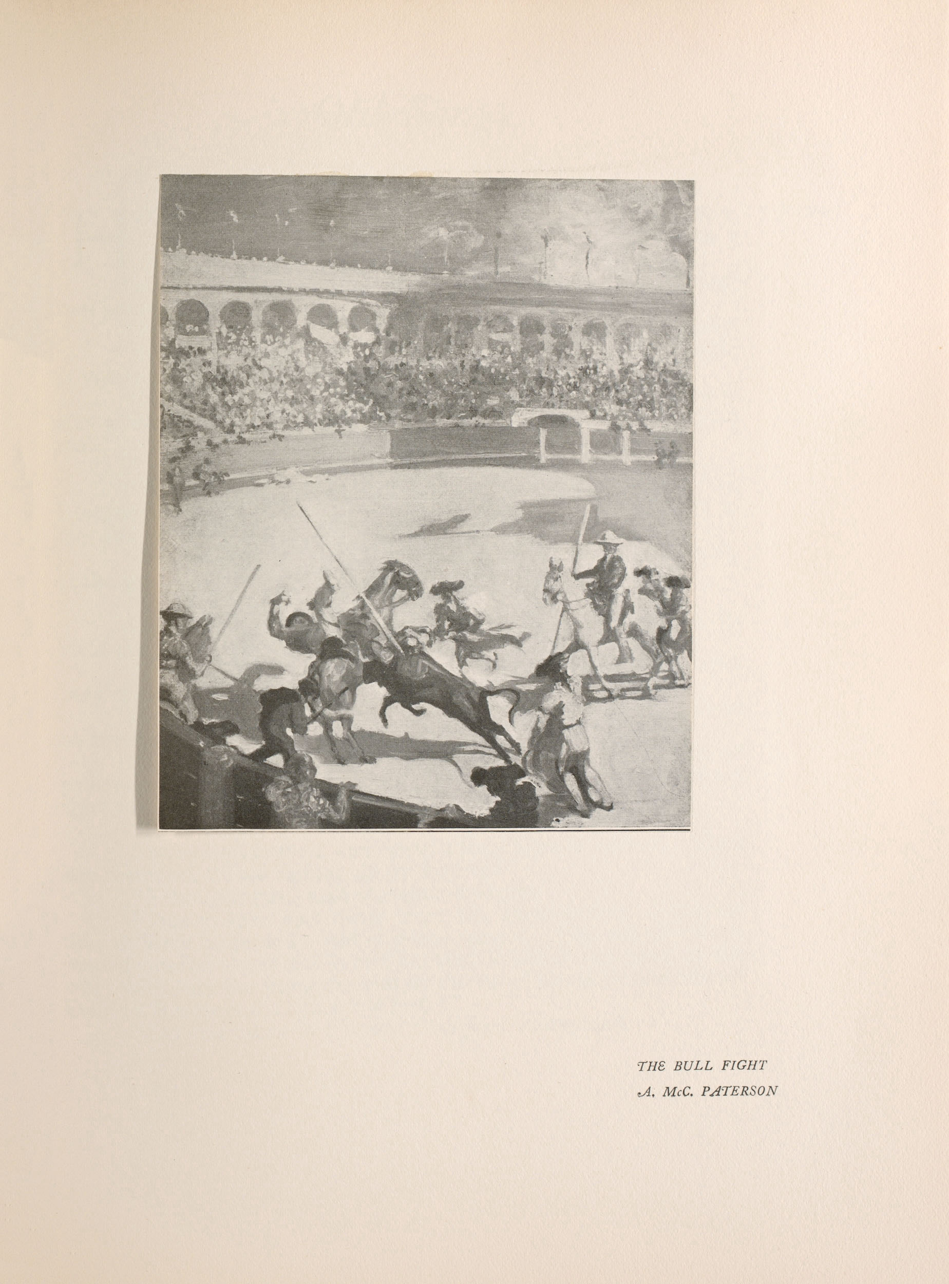 The tonal image is in portrait orientation and is positioned in the upper left center of the page. In a large, crowded amphitheater, two men on horses surround a matador fighting a black bull. The man on the left is mounted on a white horse and is holding a spear or staff in the air. The man on the right is in the act of falling off of a dark horse. The bull is between them. A man stands behind the bull with a whip. In the extreme foreground, two men who appear to be guards are standing next to each other observing the scene. There are two men on horses in the bottom left corner of the image.