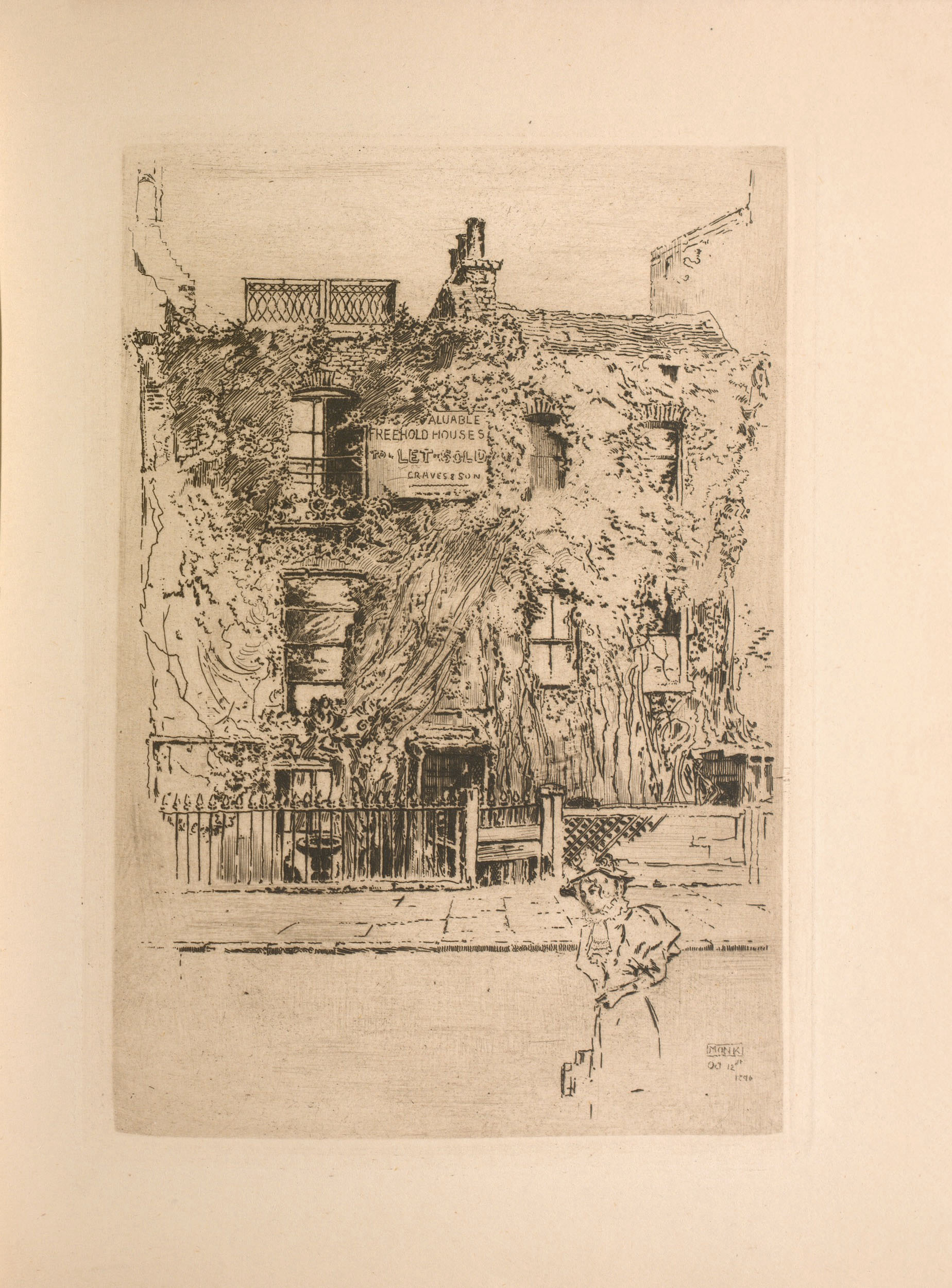 The etching is centered on the page and is printed in sepia tones. A large house enshrouded in moss and shrubs is depicted on the other side of a residential street. The house has seven windows: three on the first floor, three on the second floor, and one in the lower level on the left of the building. On the top floor of the house there is a large sign with the words: “VALUABLE FREEHOLD HOUSES TO BE LET OR SOLD – CRAVES & SON.” A small chimney protrudes from the top center of the house. Wrought iron fencing separates the property from the sidewalk; a gateway leads to the front door at the center of the house. In the bottom right foreground, woman in a wide-brimmed hat, full-length dress, and jacket is walking on the street in front of house. An inscription “Monk Oct 12th 1896” is located in the bottom right corner of the image.
