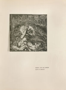 The square image is in portrait orientation in the center of the page. In the foreground, a man in a helmet (Oedipus) is seated with his knees drawn up, facing forward.. He is holding his face with his right hand and holding the claw/paw of an animal (the Sphinx) in his left hand. The man is wearing a helmet and armored boots; his upper-body and lower legs are bare. He is holding a sword across his lap and has a large bow slung behind his back. There is a round, point-tipped shield underneath his left arm. On the ground beneath the man is a heap of disfigured limbs, including a head in right-profile wearing a beaded crown/headband, with smoke escaping from its lips. There is a flagpole with a white flag dug into the ground, standing upright, to the man’s left. In the middle ground behind him are waves or flames; the background depicts the columns and arches of structures in ruins.