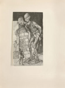 The tonal image is in portrait orientation and is centered on the page. The image shows a large, two-headed giant, standing on the threshold of a castle, looking down at a small boy, who looks up at him. The giant is shown standing at right, facing left, and takes up most of the image. In comparison, the boy is very small and only reaches the giant’s calves. The giant’s two heads have pale, squinting eyes, long noses, pointing ears, and grinning smiles. The heads are mostly bald but have some short curly hair. The giant is wearing a medallion around his neck, a short-sleeved shirt, and a light piece of fabric tied around his waist. He is also wearing small pieces of fabric tied around his arms and legs, and has pointed shoes. Behind his back, the giant holds a club with spikes, and a spiked ball and chain. His knees are slightly bent, and he is leaning towards the boy in the bottom left foreground. The boy stands facing the giant with his feet apart and hands crossed in front of him; his back is to the viewer. He is wearing light colored tights and a dark vest. The boy has a sword in his belt on his left side and a small satchel on his waist on the right side. To the left of the giant and boy is a tall stone pillar and step; in the background at left, there is a cobblestone pathway leading to a courtyard with buildings.