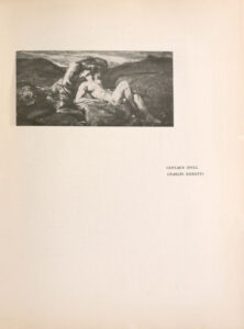 The tonal image is a small horizontal picture tipped in at the top centre of the page. A man and a centaur lie together unclothed in the center of a barren landscape of dark ground. The man is lying on his back with his knees slightly bent. His head is positioned upwards as he meets the eye of the centaur behind him. The centaur is sitting behind and slightly to his left and is looking closely upon the man’s face. The centaur’s upper body is exposed, and their animalistic legs are folded tightly together.