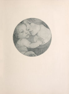 The rondo (circular) image is positioned in the center of the page and depicts a close-up portrait of a woman holding a child near to her chest. Only the face and breast of the woman are depicted. She is on the right side of the image looking downwards and to the left. Her face is touching the face of the child on the left side of the image. Her forehead is slightly covered by a striped headscarf, and she is wearing a round-neck pleated dress and necklace.. Her child is grasping onto her upper chest. The child is facing forward, but the left half of their face is covered by the woman’s face. The child is swaddled in fabric wrapped around its upper body.