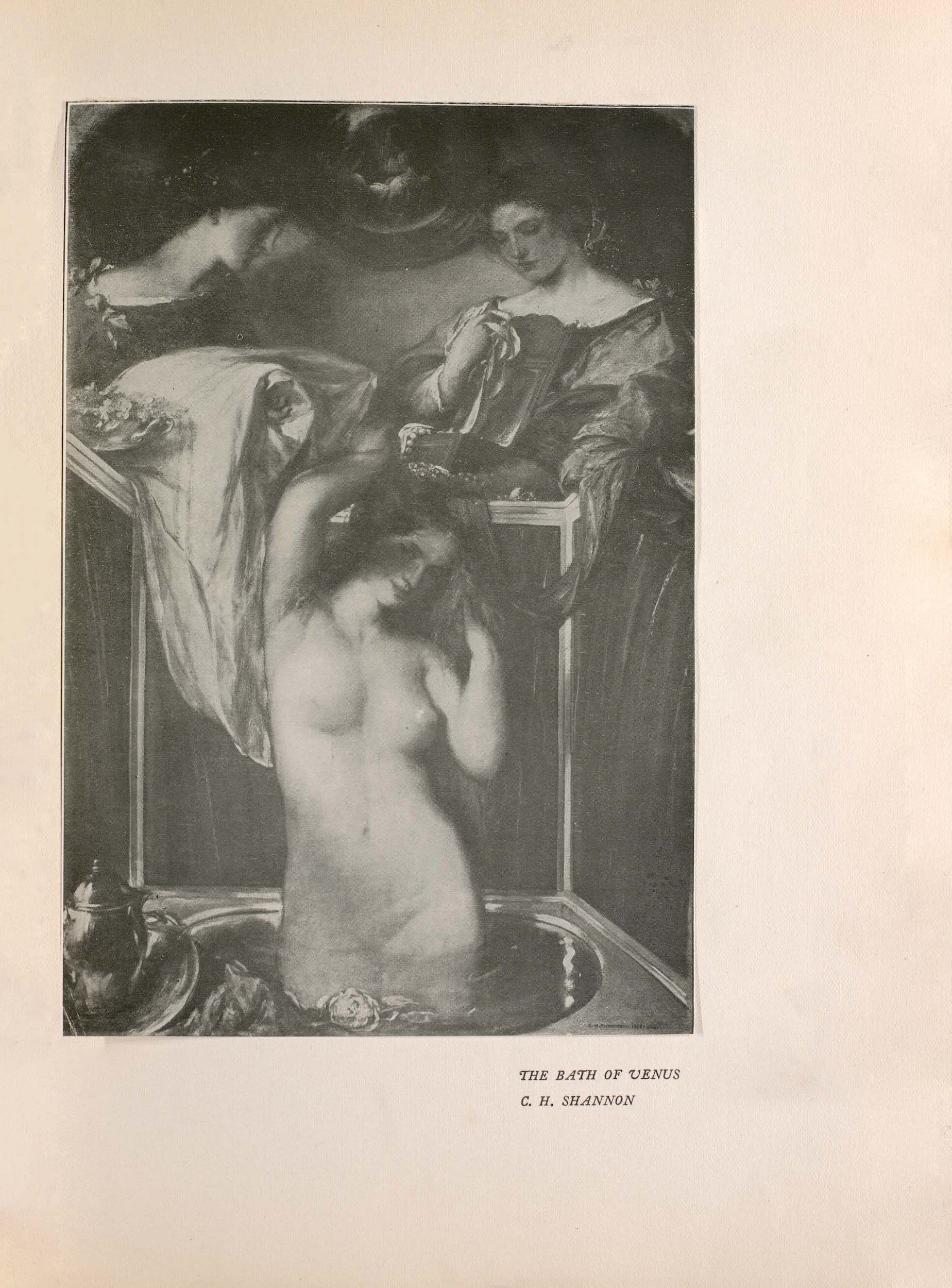 The tonal photogravure of the painting is in portrait orientation and is centered on the page. The image shows three women in a bathing chamber: two assistants, and one bather. Venus, the titular woman in the foreground, is standing in a small bath filled with water that is reaching her upper thighs; a white rose floats in the water in front of her. She is unclothed and her head is slightly tilted to the right. Her right hand is in her hair and her left arm is reaching above her head. Behind the unclothed woman is a black screen with three panels. Behind her on either stand women in dark full-length dresses. The woman on the left is holding a large white cloth and looking down towards the bathing woman. The woman on the right is holding a mirror, a jewelry box, and jewelry. There is a small circular mirror in the upper center of the wall behind them. In the bottom left foreground, sitting on the edge of the bath, there is a teapot on a platter.