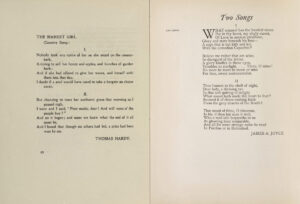 Page spread of Hardy poem from Venture volume 1 beside a Joyce poem from Venture volume 2.