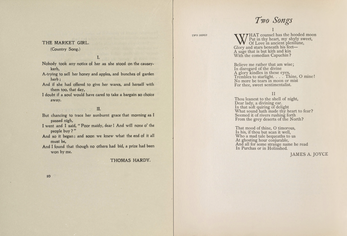 Figure 2. Left: page layout by The Pear Tree Press for The Venture,                        vol. 1, 1903, p. 10; Right: page layout by the Arden Press for The Venture,                        vol. 2, 1905 p. 92.