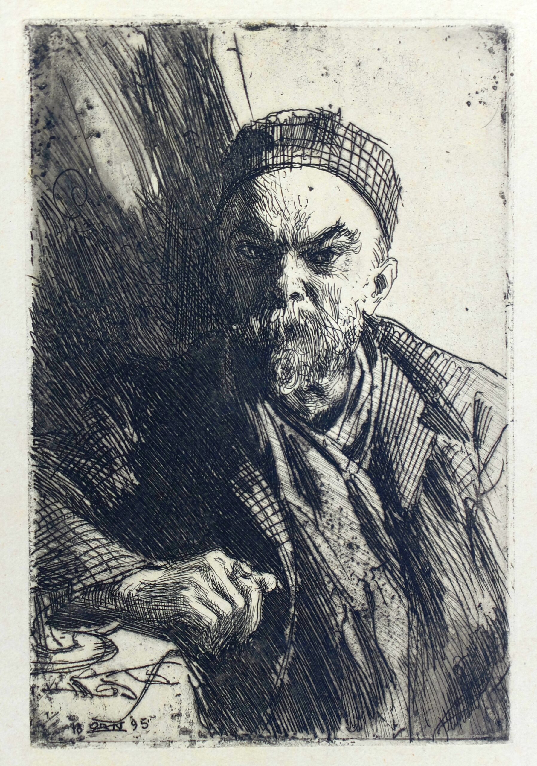 This is a portrait etching of Paul Verlaine, showing his head and torso in frontal position. Only his right arm is in frame. This arm is resting on a flat surface, likely a table or shelf, that is chest-high. Verlaine is wearing a suit jacket, a shirt, and either a loose necktie or scarf. The etcher’s use of lines and crosshatching style makes it difficult to determine the details of Verlaine’s clothing. He is wearing a brimless cap (possibly a skullcap). His hair is obscured by his cap. He has bushy eyebrows as well as a full moustache and medium-length beard. He is wearing a ring (possibly a signet ring) on his right index finger. The left side of the image is in shadow. The flat surface Verlaine rests his arm on has some indeterminate flat shapes and curved lines on it.