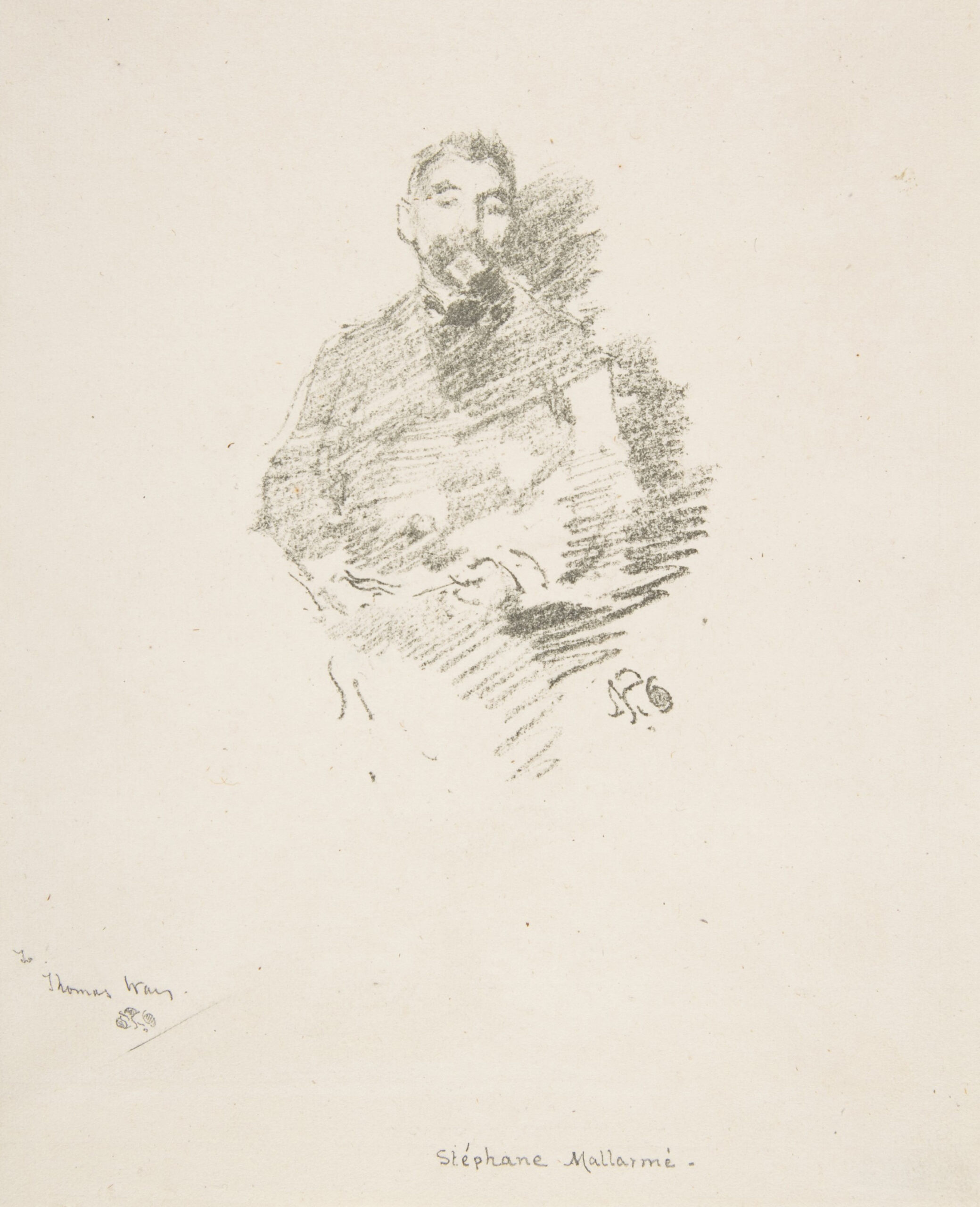 The lithographic portrait renders the head and torso of a middle-aged Stéphane Mallarmé in soft and impressionistic lines. Facing the viewer, Mallarmé is seated, holding a piece of paper on his lap. He is wearing a jacket and loose dark tie and has a moustache and short beard.