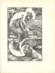 Faun satyr kneels on bank of a river stream pulling a small water lily toward his face with his right hand and holding a large lily in left hand The image is divided in half with the lower image reflecting the upper imperfectly the reflected version shows the faun embracing and kissing instead of lilies a naked figure of indeterminate gender with streaming hair In the background of the upper image pairs of white doves fly before a grove of trees the woods part to reveal open space in upper right The image is vertically displayed.