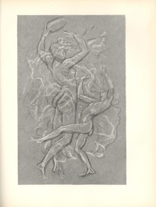 Image is a study of movement in different positions Central image is of a dancing nude woman in middle left frame viewed from behind through filmy drapery with hair streaming and upraised arms holding a tambourine Her body extends from the bottom of the image to the top To her immediate right is a smaller nude man dancing in profile He has one leg extended both arms raised back arched and head thrown back His figure occupies the lower right corner of the image There is the suggestion of the male figure playing pipes The background is open with many flowing lines The image is vertically displayed