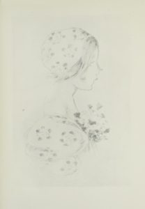 Image is of a woman or a young girl in profile from the shoulders up She has long eyelashes and light coloured hair a couple of strands poke out from under her floral patterned cap Her dress has the same flower pattern with puffed sleeves She is holding a bouquet of flowers against her chest The image is vertically displayed
