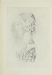 Image is of a woman shown in profile wearing a lightcoloured dress. Her hair is braided under a helmet Her head is casting a shadow on the wall She is looking downward The background is open and undefined The artists name and year of the work PATTEN WILSON 96 is in the middle of an irregularly framed box on her shoulder The image is vertically displayed