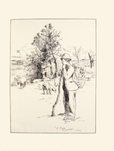 Image is of a man in a field The man is standing in profile towards the left of the image He is holding a long wooden stick with his left hand and is resting his chin on the stick He is wearing a plain light coloured loose blazer pants a knapsack and a colonial helmet In the mid-ground there are four lambs grazing grass and one smaller lamb sitting down There are three more lambs in the background grazing in a field There are a few isolated trees in the background and the outline of more trees farther away There are light clouds in the background The image transcription on the bottom of the page is E PHILIP PIMLOTT 1897 The image is vertically displayed