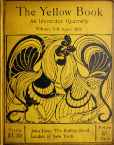 Black ink on yellow boards Image is of two roosters shown in profile They are looking toward each other with beaks open Each rooster takes up half the frame The rooster on the left is leaning over the other bending its head down The rooster on the right has its right claw raised They both have long tails The image is displayed vertically
