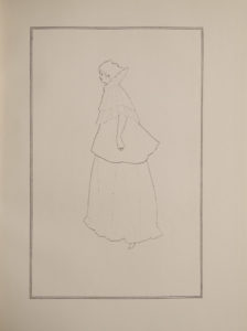 This portrait of Mme. Rejane is a minimalist outline drawing on a blank background The image is of a single female figure in full length profile facing left She is wearing a flounced cape over a skirt Two thin black lines frame the image The image is vertically displayed