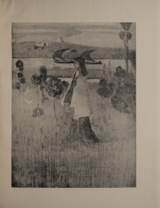 The image is of a single female figure in full length profile centred in a field of grass and ornamental trees She is wearing a cape and a long dress She has dark hair White doves fly before her Behind her is a river on which a two masted ship is passing and there is a castle on far bank The image is vertically displayed