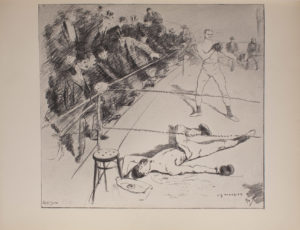 The image is of a boxing ring Two male figures are in the ring both have naked torsos The man in the middle ground is standing with a wide stance He is wearing boxing gloves and his left arm in extended while his right arm crosses his body The other man is in the foreground lying on his back knocked out by the standing man His right arm is extended while his left arm is bent and elevated over his head The lying man is also wearing boxing gloves There is a stool and bucket in the extreme left foreground to the left of the lying man s head In the left background of the image there is a crowd of men who are spectators at the boxing match Some men have moustaches and some are clean shaven Some spectators are wearing top hats and others are wearing bowler hats There are also two men standing in the right background separated from the crowd on the left watching the match The image is horizontally displayed