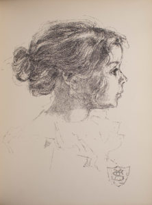 The image is of a young girl in profile facing right Only her shoulders and head are visible The girls hair is tied up in a messy bun and loose tendrils frame her face She is wearing a light coloured ruffled collar The artists initials are in a crest like form at the bottom right of the image The image is vertically displayed