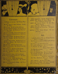 Back cover is divided vertically into two sections by a lit candle The candle separates the Literature list on the left from the Art list on the right The cover is divided horizontally into three sections by the black frame of polka dot curtained window at the top and by the flowered pane at the bottom In the upper left there is a torso of a masked woman with light hair and striped attire looking sideways to the left To her right is the polka dotted curtain which is positioned behind a candelabra To the right of the curtain that is at the centre is the torso of a bare shouldered smiling black haired woman in a large hat with a bow The lit candle in the middle separates this woman from the torso of a harlequin in profile with a large ruff on its neck To the right there is a another polka dotted curtain behind this curtain is a 3 4 view of the torso of a woman in black with black hair smiling with downcast eyes facing right Artist s signature is at the bottom centre to the immediate left and right of the candle that divides Literature and Art The image is vertically displayed and printed with black ink on yellow background