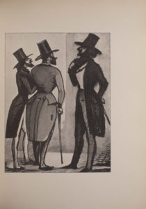 The image is of three men of varying heights in top hats and tails The man in the middle and the man on the right both have walking sticks All three men have facial hair The man in the middle has his back turned to the viewer and only part of his face is visible The man on the right and the man on the left are both in profile A line that runs vertically down the centre of the image marks a change in background colour which suggests two intersecting walls The image is vertically displayed