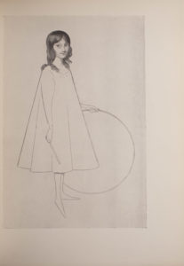 The image is of a young barefoot girl holding a hoop in her left hand and a stick in her right hand The girl is wearing a calf length loose fitting light coloured dress The girls hair is down and her gaze is forward Her right foot is pointed downward The head of the girl is more detailed and shaded compared to her body which is drawn using simple lines The image is vertically displayed