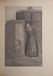 The image is of a woman in a long dress beside a folding screen The woman is to the right of the screen and has her right hand resting on the top corner of the screen Her left hand is hidden behind the skirt of her dress Her torso and head are slightly bend towards the screen and her gaze is to the right Her dress has light coloured material around the collar and a light coloured sash around the waist There is a pattern on the inside of the screen Behind the woman is an armoire or a bookcase The image is vertically displayed