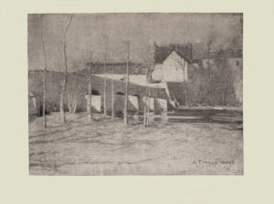 Images for Image is of the Loing River in France in winter In the foreground there is a clearing covered in snow Several shadows are cast over the ground by nearby trees In the left middle ground is eight tall trees and one shorter tree all are leafless Behind the line of trees is a bridge with four arches The bridge divides the image in half horizontally At the end of the bridge the sides of two white buildings can be seen A river runs underneath the bridge The sky is clear and light coloured The artists signature A Tanner Grez is in the bottom right corner of the image The image is vertically displayed