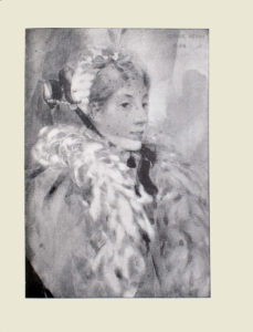 Image is of a woman shown in 3 4 face from the waist up She is looking to her right. A thickly feathered scarf or boa is draped over her chest Her light coloured hair is secured by a decorative headpiece with flowers and feathers a face-length black dotted veil is attached to the headpiece A bow is secured to her head as well with its ribbon tails knotted around her neck. Her body is rather large suggesting a large stature or multiple layers of clothing The artists name and year George Henry 1894 are in the upper right hand corner of the image The image is vertically displayed