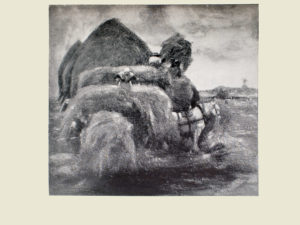 Image is of a woman stacking hay onto a wagon She the horse and the wagon are in the middle ground The horse is white and is shown in profile facing the right of the image The woman is wearing a light coloured bonnet Behind the woman is a larger stack of hay a figure shown from the back is on top of it In behind this larger stack are three buildings with straw roofs The sky is light coloured The image is horizontally displayed