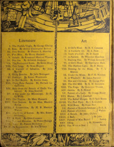 Back cover is divided vertically into two sections by the chain of an anchor The anchor separates the Literature list on the left from Art list on the right The cover is divided horizontally into three sections by a sailing ship at the top and by a pane of lilies at the bottom The image is displayed vertically The headpiece is a pen and ink illustration 4.5 cm x 15.3 cm The image is of two figures manning a masted wooden sailing vessel. In the middle of the image a man with a moustache wearing striped pants is cranking to raise the anchor. To his right, a man with a checkered shirt is bent over working on something The ship spans the entire frame of the image its bowsprit is on the left side and the stern is on the right Above the bowsprit there is a masthead of an aggressive dog Below the masthead a large fish is halfway out of water Cattails can be seen behind the fish in front of a stone wall with a ring to lash the ship A single black line divides the headpiece image from the contents The Contents area is printed in double columns separated by a chain connecting the ship with the anchor Contents are distinguished as follows Literature XXIII Art XXVI A single black line divides the contents from the tailpiece image The tailpiece is a pen and ink illustration 1.8 cm x 15.3 cm The image is of the anchor on the sea bottom surrounded by water lilies The anchor divides the image in half