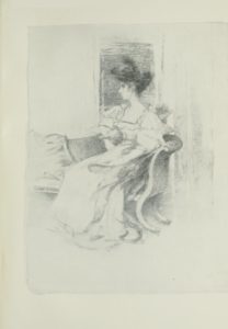 This portrait of Evelyn Sharp is a sketch of her at a ¾ view, head facing the left side of the image. She is seated on a couch with a rounded, curved back and feet curving outwards. She is wearing a full-length dress with ruffled puff sleeves, and a ruffle along the bottom collar, which is straight across her chest. Her left hand rests in her lap, but the sketch style obscures the details. Her right arm is bent, hand on hip. Her dark hair is piled up on her head, and she appears to be wearing a hat, but the details are unclear. There is a dark grey rectangle on the wall behind her, possibly indicating a window.