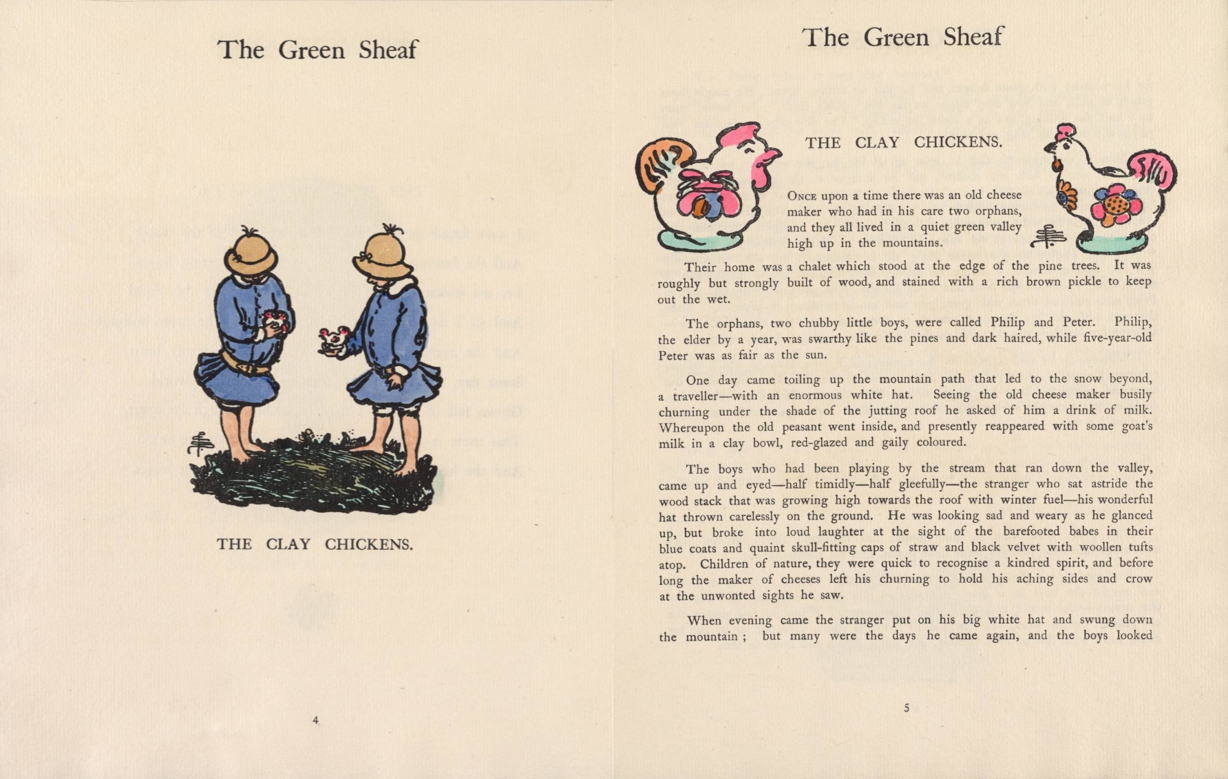 Figure 3. Double-Page Opening showing Pamela Colman Smith's                        Illustration and Textual Decorations for "The Clay Chickens," The Green                        Sheaf, No. 8, 1903, pp. 4-5.