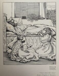 Illustration of Christina Rossetti’s “The Prince’s Progress” shows the dead princess laid out on her bed, with two mourning women seated on the floor beside her.