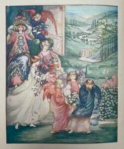 The coloured full-page image is in portrait orientation and printed in rich shades of white, green, blue, and red. It shows a procession of childlike angels descending through the Ivory Gate to the threshold of a garden full of flowers, trees, and rolling hills.