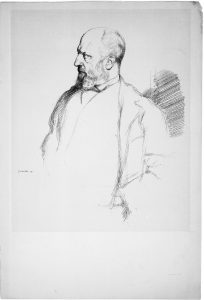 Henry James is standing. His head is turned with the left profile of his face in view. He is wearing a jacket.