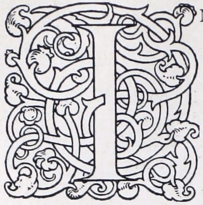 The square shape around the seriffed letter I is formed out of interlacing ribbons with terminal foliation of acanthus leaves and pomegranate buds. The decoration is created in thin black lines, leaving the letters, vines, and leaves white. It appears to be a wood engraving.