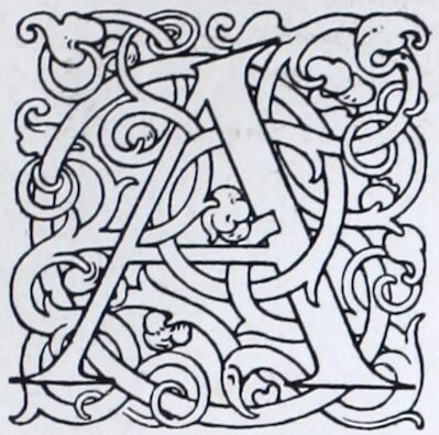 The square shape around the seriffed letter A is formed out of interlacing ribbons with terminal foliation. The decoration is created with thin black lines, leaving the letters, vines, and leaves white. It appears to be a wood engraving.