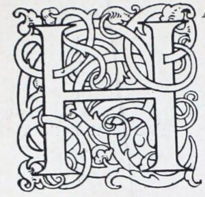 The square shape around the seriffed letter H is formed out of interlacing ribbons with terminal foliation of acanthus leaves and tendrils. The decoration is created in thin black lines, leaving the letter, vines, and leaves white. It appears to be a wood engraving.