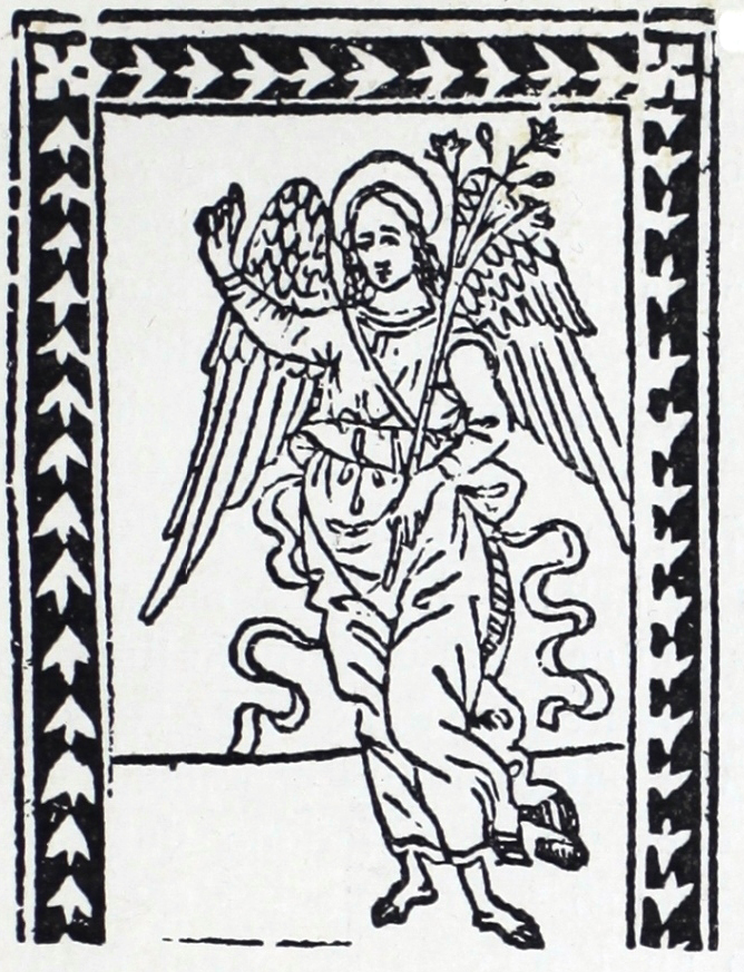 Wood engraved image shows winged angel holding flowering branch in left hand with right raised arm. 