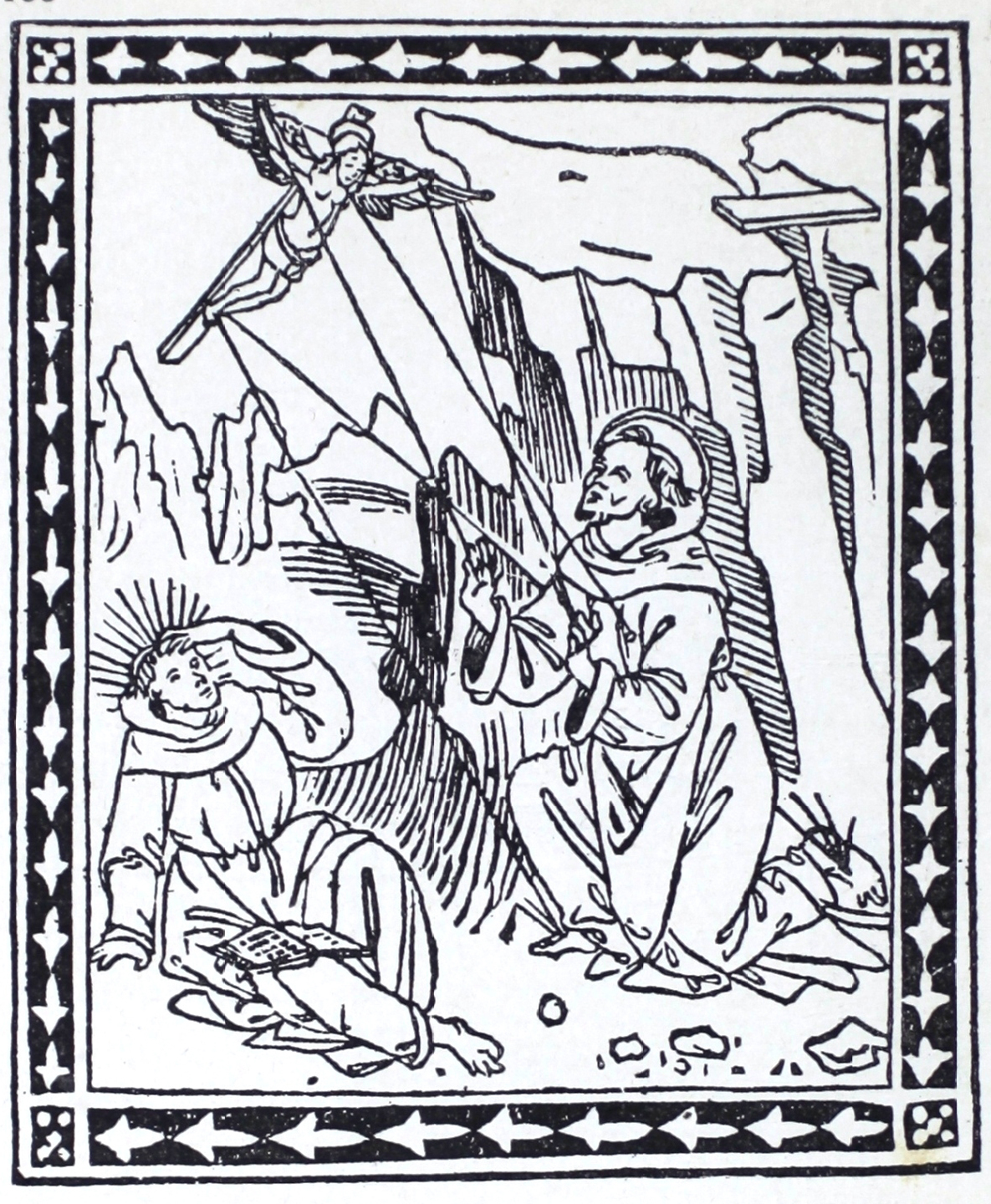 Wood engraved image shows two angels seated on the ground. The angel on the right is kneeling and flying a crucifix-shaped kite with strings. The angel on the left is rested on the groun with head raised upward and left hand to forehead. 