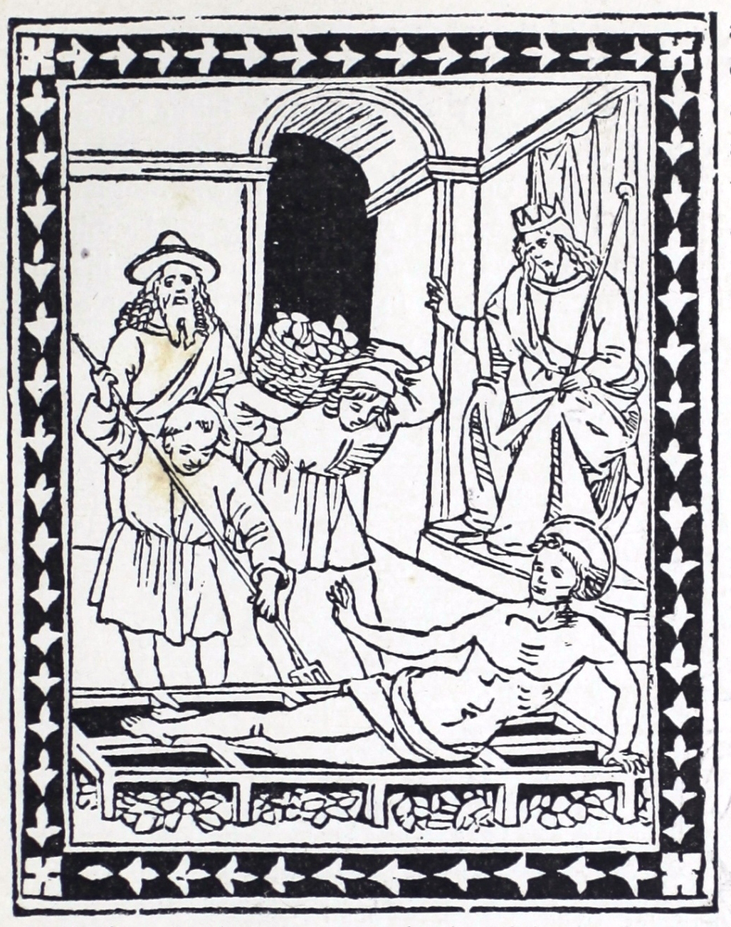 Wood engraved image shows five men in an enclosed space. The three men on the left are looking downward at a disrobed man lying on a crate with his right hand held upward. There is another man behind him, also looking downward, with a crown and a staff. 