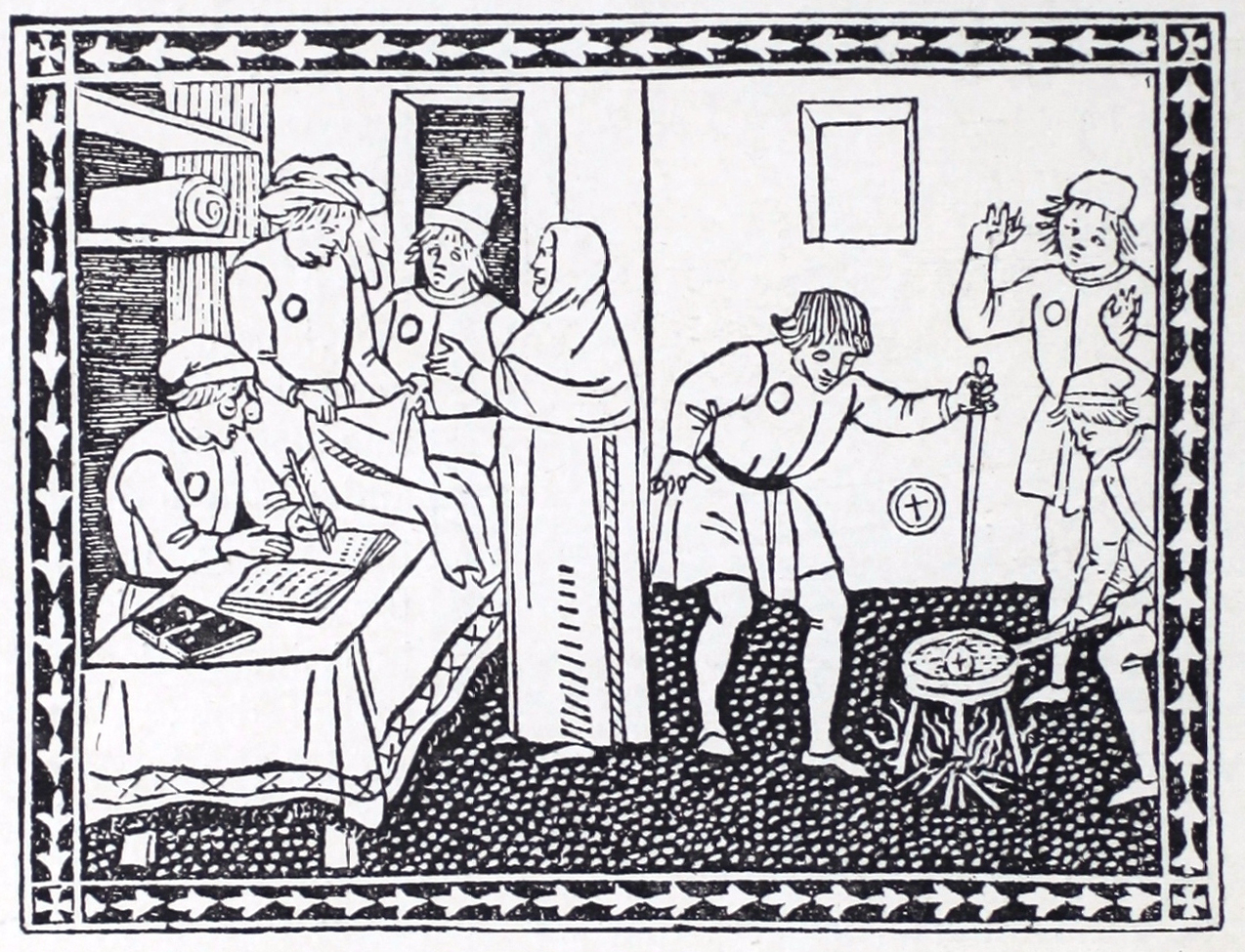 Wood engraved images shows an indoor scene with seven people in an enclosed space. Three men on the left are behind a table, one is writing in a book and the other two are standing and holding a piece of fabric. A woman stands on the other side of the table in left profile with one left arm raised. On the right side of the image, three men use swoards to prod a firepit. 