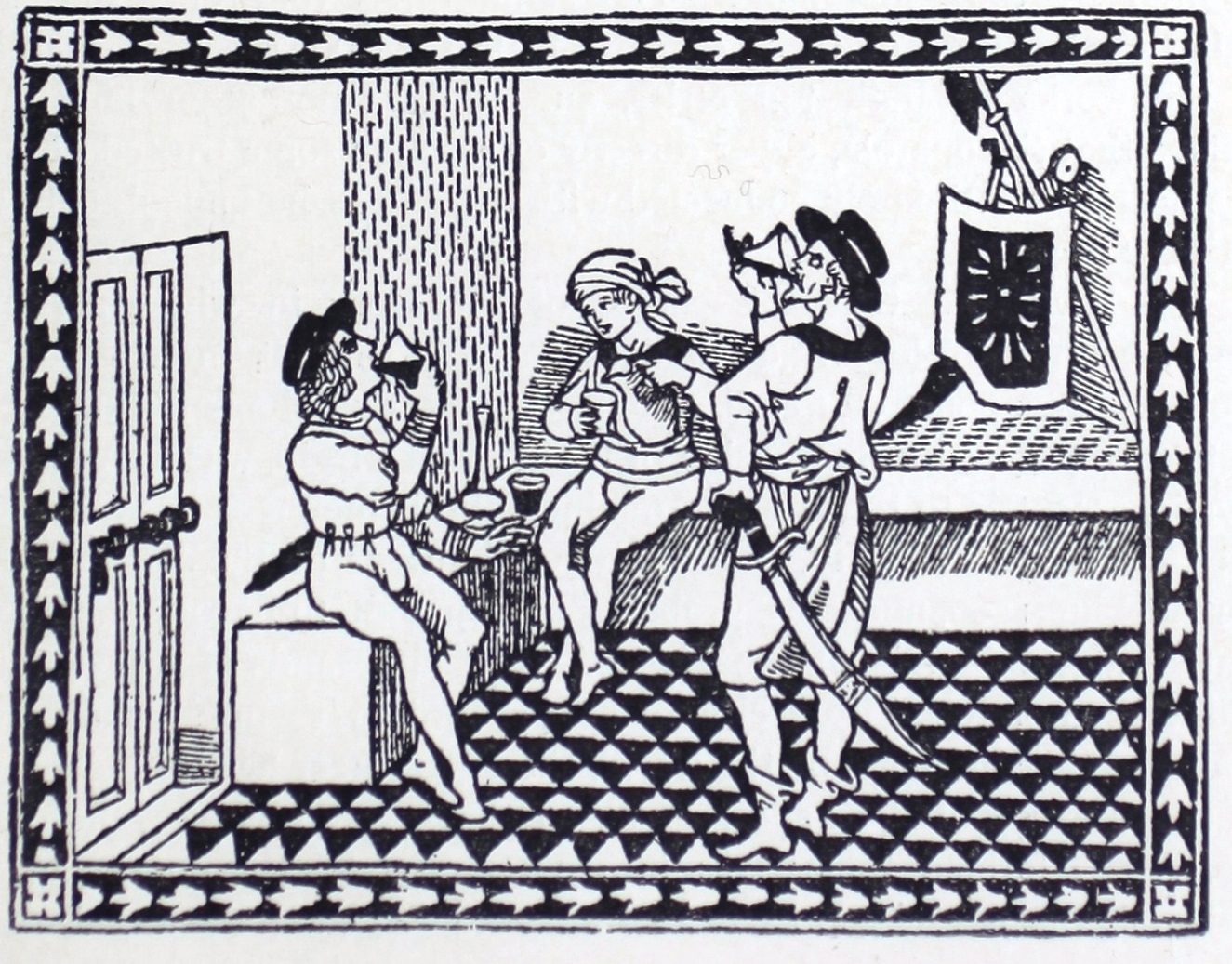 Wood engraved image shows three men seated in a room together drinking a dark beverage. 