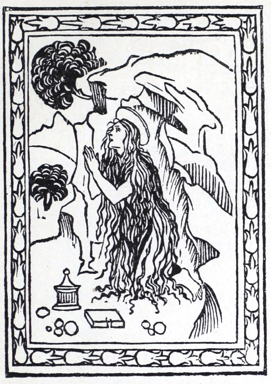 Wood engraved image shows a woman with a halo and long hair kneeling in an mountainous landscape with hands pressed together in prayer position. She is looing upward and to the left. 