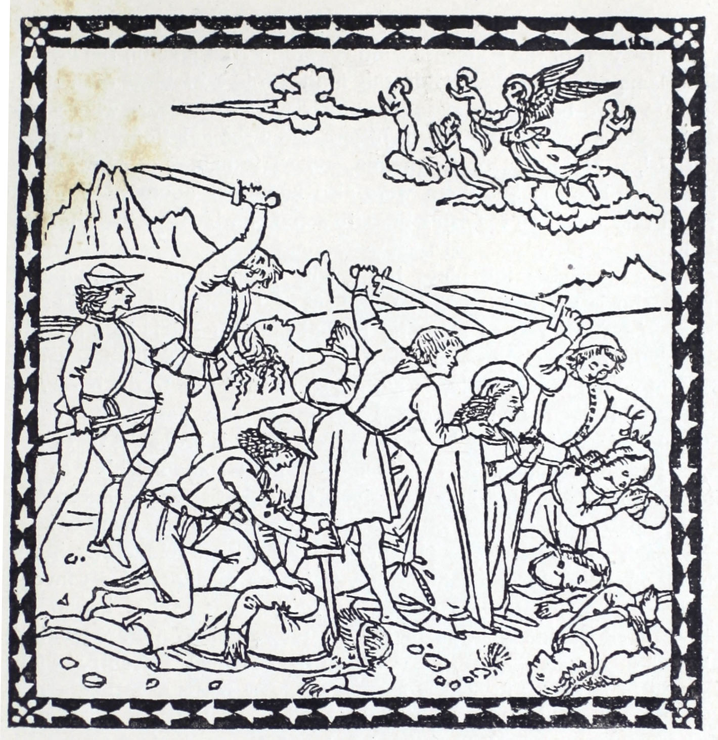 Wood engraved image shows a violent battle scene with men holding swords in a mountainous landscape. Above the battle, cherubs and angels float in the clouds with their hands pressed together in prayer position. 