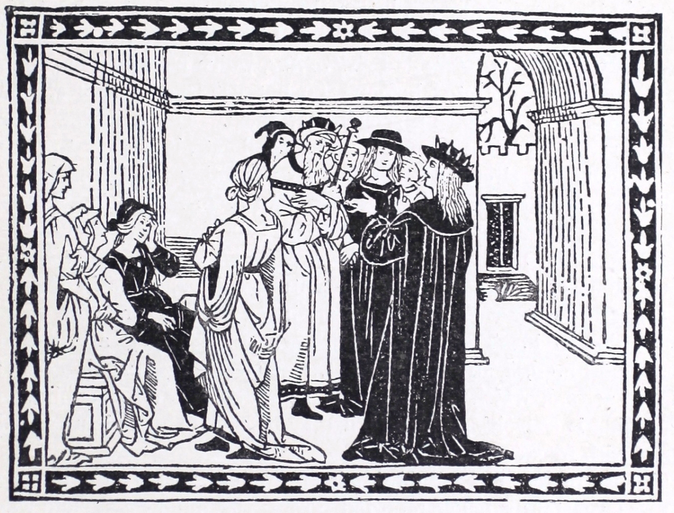Wood enraved image shows a scene with royal figures gathering gathering within castle walls. The figures, both men and woman, are focused around a man with a dark robe and crown who is facing the crowd. His back is facing forward and his head is turned to the left.