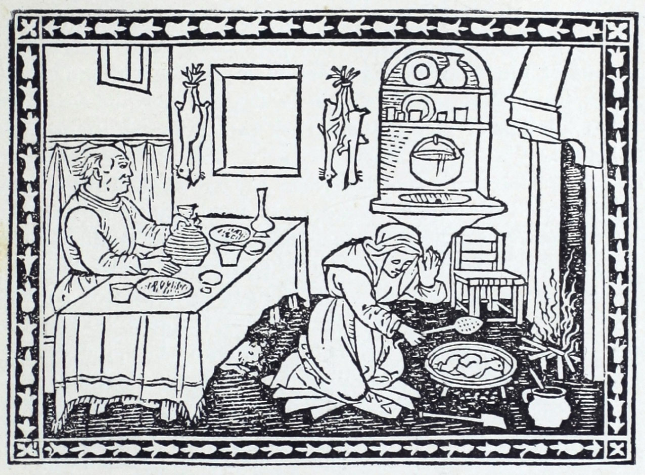 Wood engraved images shows a man seated in right profile behind a table with pottery. A figure is kneeling in front of him over a small firepit cooking a bird. He is facing forward, holds a spoon in his right hand, and is holding his left hand to his head. The two figures are in an enclosed dwelling decorated with hanged birds and pottery. 