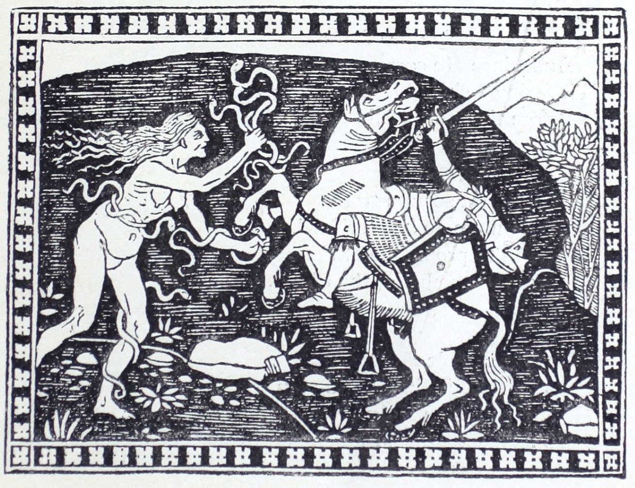 Wood engraved image shows a naked woman in right profile with long hair holding multiple snkes in her right hand and grabbing the foot of king's knight who is falling off the back of a horse. The scene takes place in an outdoor space with grass, rocks, and weeds. 